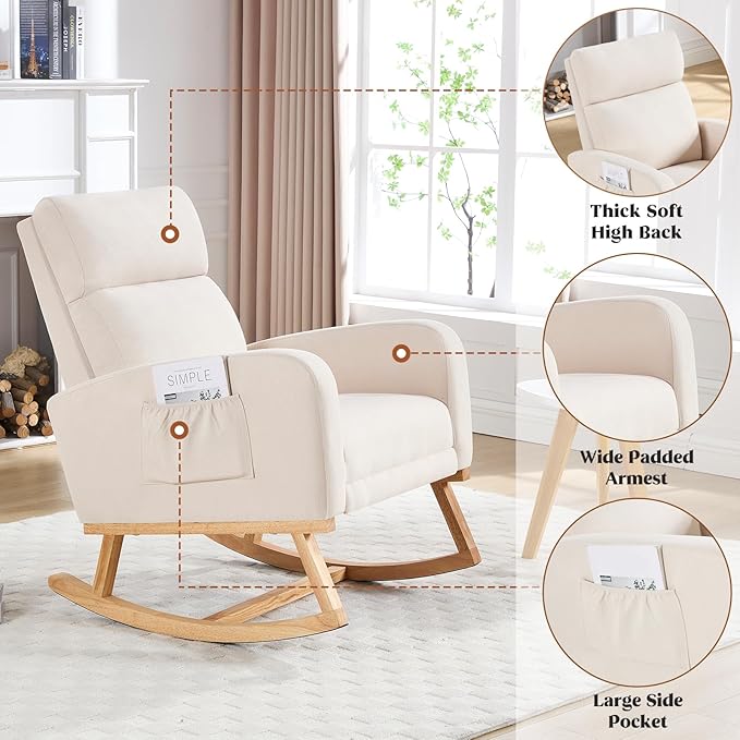 Rocking Chair Nursery Nursing Rocking Chairs with Foot Rest for Mom Nursery Glider Rocker Chair with Footrest and High Backrest for Living Room Bedroom Beige