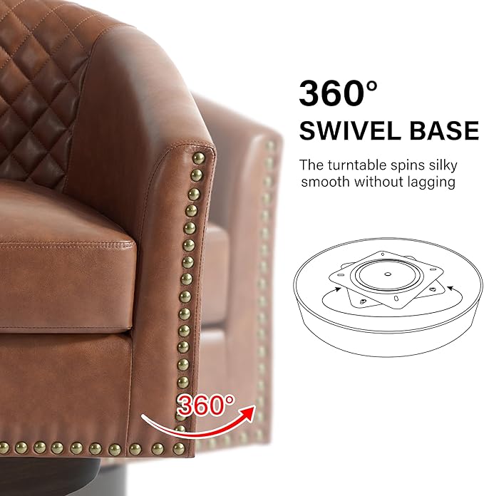 Swivel Barrel Accent Chair Set of 2 Comfy Modern Upholstered Round Faux Leather Arm Chair for Living Room Bedroom - Brown