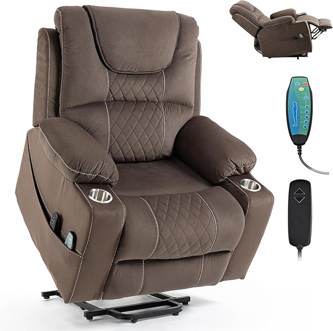 Oversized Power Lift Recliner Chair for Big and Tall 400 LBS Elderly 26 Large Electric Recliner Chair with Massage and Heating Lay Flat Zero Gravity Recliner Sofa Velvet Coffee Brown