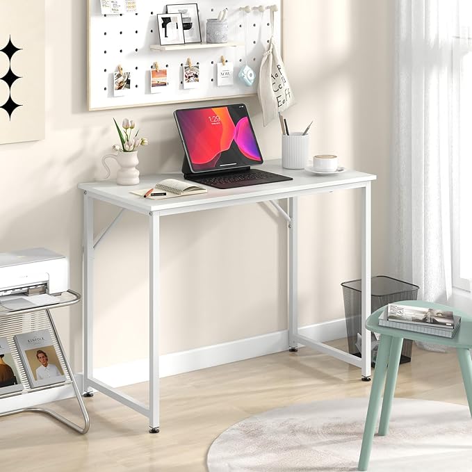 Tangkula Computer Laptop Desk Heavy Duty Metal Frame Writing Desk Home PC Office Desk with Adjustable Foot Pads Conference Tables for Combined Use Compact Task Desk for Bedroom Study (White)