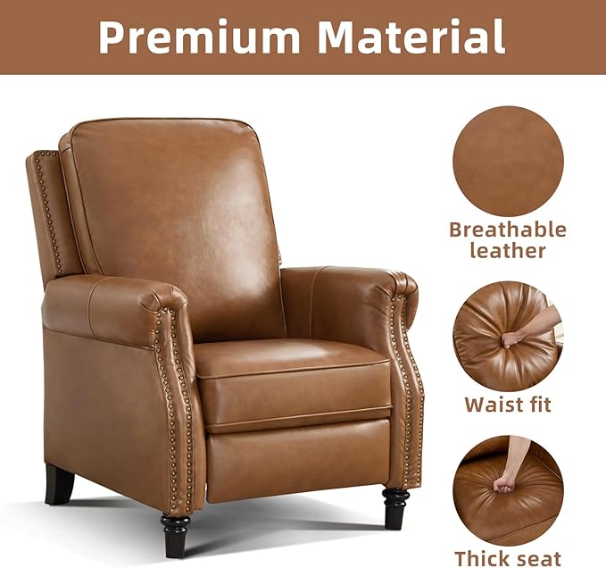 CANMOV Push Back Recliner Chair Set of 2 Genuine Leather Pushback Reclining Chair with Padded Seat Wingback Recliner with Rivet Decoration Single Sofa Recliner for Living Room Apartment Brown