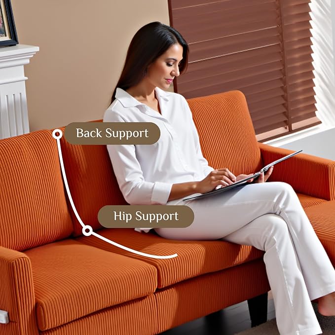 Karl home Small Sectional Couch L Shaped Sofa with Movable Storage Ottoman Corduroy Upholostered Sofa Chaise with Side Pockets for Living Room Apartment Studio Orange