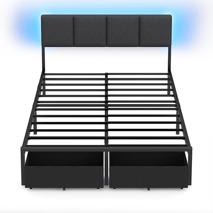 Furnulem Full Size Bed Frame with Headboard Upholstered Full Bed Frame with LED Light USB Charging Station Platform Bedframe with 2 Fabric Underbed Storage Drawers No Spring Box Needed