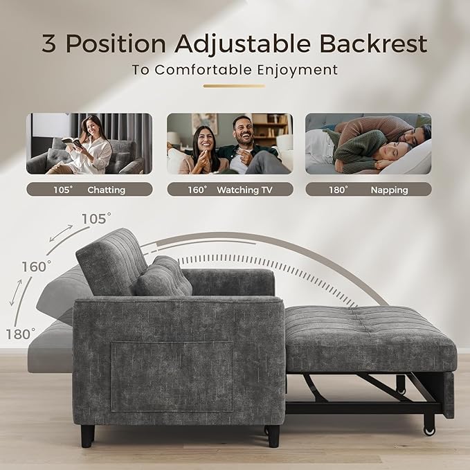 KKL 3 in 1 Convertible Sleeper Sofa Bed Pull Out Couch Bed with Adjustable Backrest Chenille Loveseat Couches with Side PocketFuton Sofa Beds Couch for Living Room Bedroom(Dark Grey)