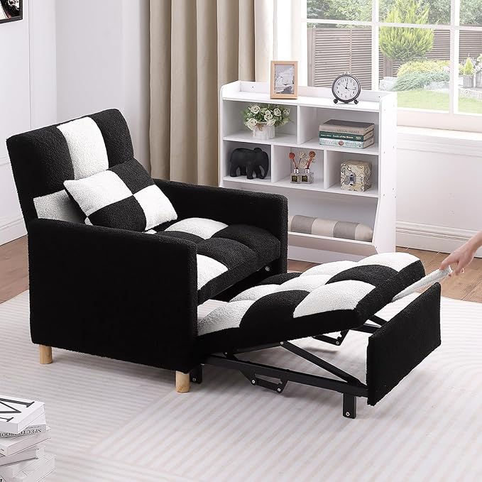 Sleeper Chair Bed Multi-Functional Convertible Chair Sleeper Teddy Fabric Adjustable Pull Out Sofa Bed with Lumbar for StudioDorm Apartment BedroomOfficeLiving Room (Black-White)