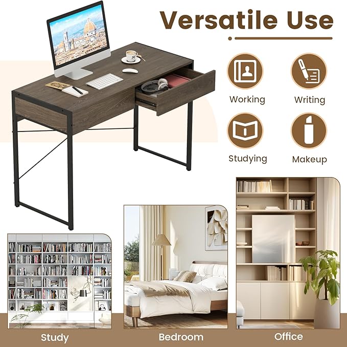 Tangkula Computer Desk with 2 Drawers 44 Inch Home Office Desk with Metal Frame &amp Anti-Toppling Device Modern Writing Desk Study Desk Compact Laptop PC Desk for Small Space (Grey)