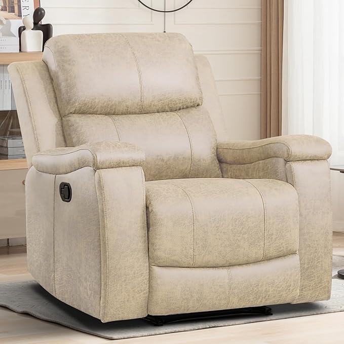 EBELLO Recliner Chair Single Overstuffed Sofa Recliner Breathable Faux Leather Manual Reclining Chairs with Hidden Cup Holder Arm and Back for Adults Living Room Bedroom Beige