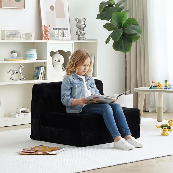 Tiita Convertible Folding Kids Sofa Bed with Pillow &amp Storage Bag Plush Fabric Floor Mattress Couch Bed Washable Cover Kids Room Playroom Dorm Apartment Black