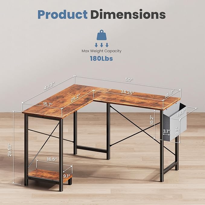 DUMOS L Shaped Desk Computer Gaming Corner Table 50 Inch Home Office Writing Student Work PC Workstation with Side Storage Bag CPU Stand for Bedroom Small Spaces