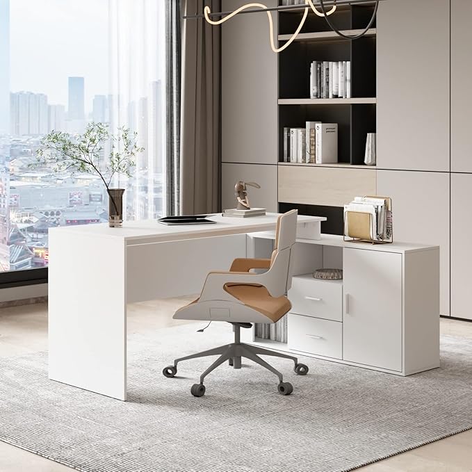 Home Office Computer Desk Corner 55-inch Writing Table White Modern Contemporary Traditional L-Shape MDF Matte Cabinet Drawers Shelves