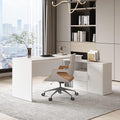 Home Office Computer Desk Corner 55-inch Writing Table White Modern Contemporary Traditional L-Shape MDF Matte Cabinet Drawers Shelves
