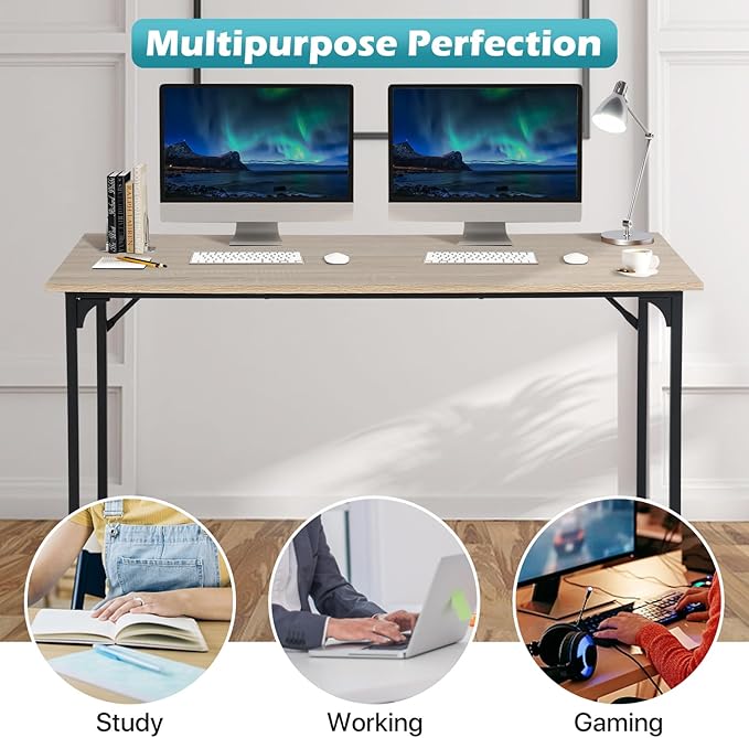 Dkelincs 47 Inch Computer Desk Home Office Desk Gaming Writing Desk Modern Simple Style Study Work Table with Metal Frame Large Legroom Adjustable Feet Water-Resistant Nature