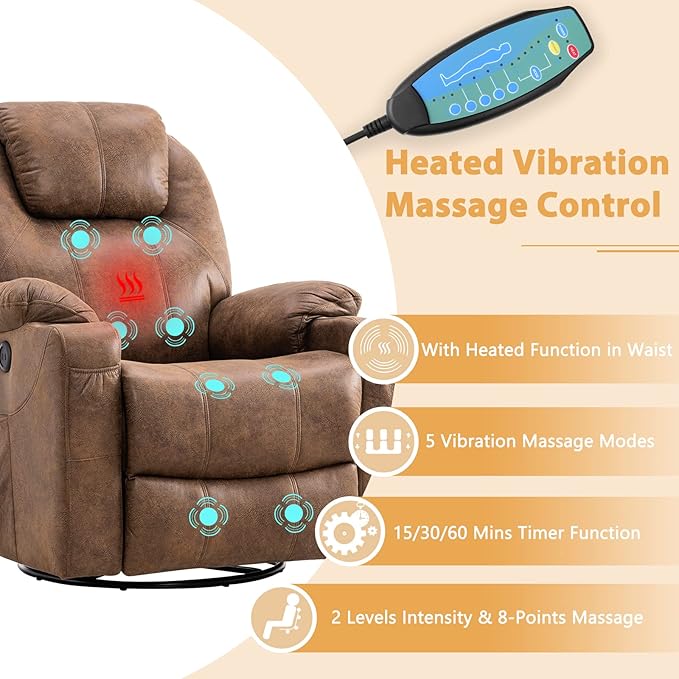 Swivel Rocker Recliner Chair - Manual Glider Rocking Recliner Ergonomic Chair with Heated Massage 4 Pockets/Cup Holders/USB Ports/Remote Control Brown