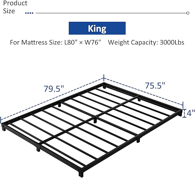 4 Inch King Size Bed Frame Heavy Duty Metal Platform Low King Bed Frame No Box Spring Needed Noise Free Easy Assembly Black