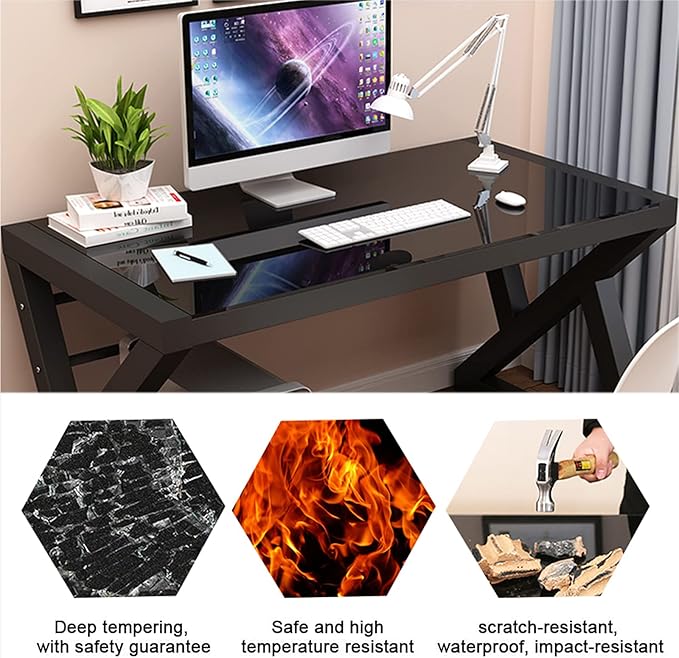 BINGTOO Glass Top Computer Desk with Metal Frame - Modern Simple Workstation for Home Office Gaming Writing Study &amp Work Black