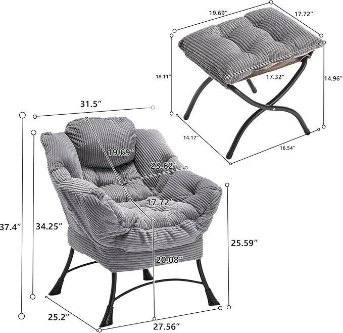 Corduroy Lazy Chair Set of 2 with Ottoman Ergonomic Comfy Reading Chair for Living Room Bedroom &amp Office in Small Spaces