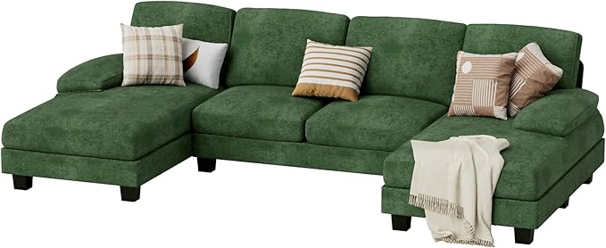 JUMMICO Sectional Couches for Living Room U Shaped Couch with Chenille Fabric 4 Seat Modern Sofa with Removable Pillows for Apartment and Small Space (Fabric Green)