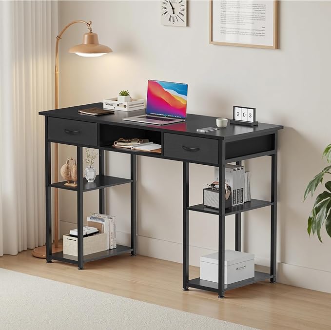 OLIXIS Desk with Storage Fabric Drawers-48 Inch Home Office Computer Desk for Small Space BedroomModern Study Work Gaming Writing Table PC DesksChic Black