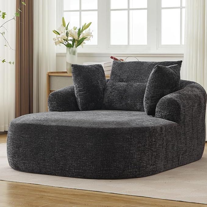 65.7 Oversized Chaise Longue Chair Indoor Modern Upholstered Corduroy Deep Seat Sofa Bed with Throw Pillows and Armrests Sleeper Sofa Couch for Living Room (Black)