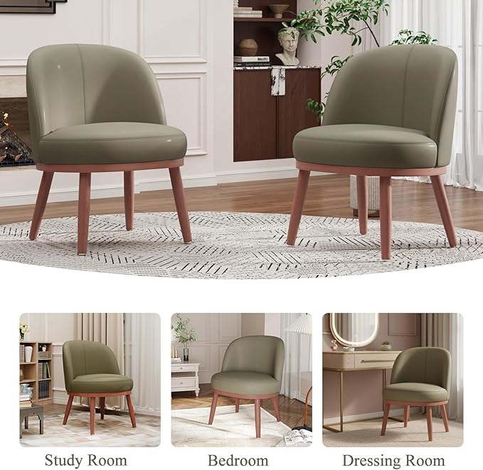 Accent Chair Set of 1 PU Leather Mid-Century Modern Chair for Small Space Comfy Upholstered Armless Chair for Living Room Bedroom Olive Green