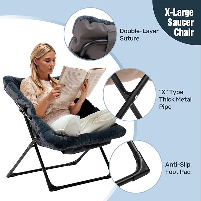 HollyHOME X-Large Saucer Chair Comfy Oversized Folding Chair Faux-Fur Reading Chair for Teens Adults Foldable Accent Lazy Chair Metal Frame Lounge Chair for Living Room Bedroom Dorm Navy Blue