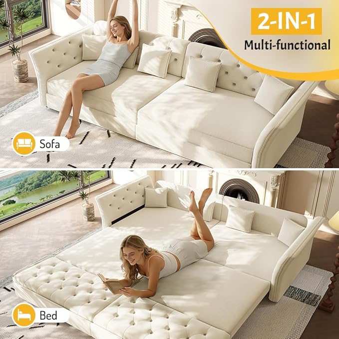 100 King Size Sleeper Sofa Bed 3-in-1 Convertible Pull Out Chesterfield Sleeper Couch Oversized Velvet Flower Button Tufted 4-Seat Sofa for Living Room Apartment (Beige White)