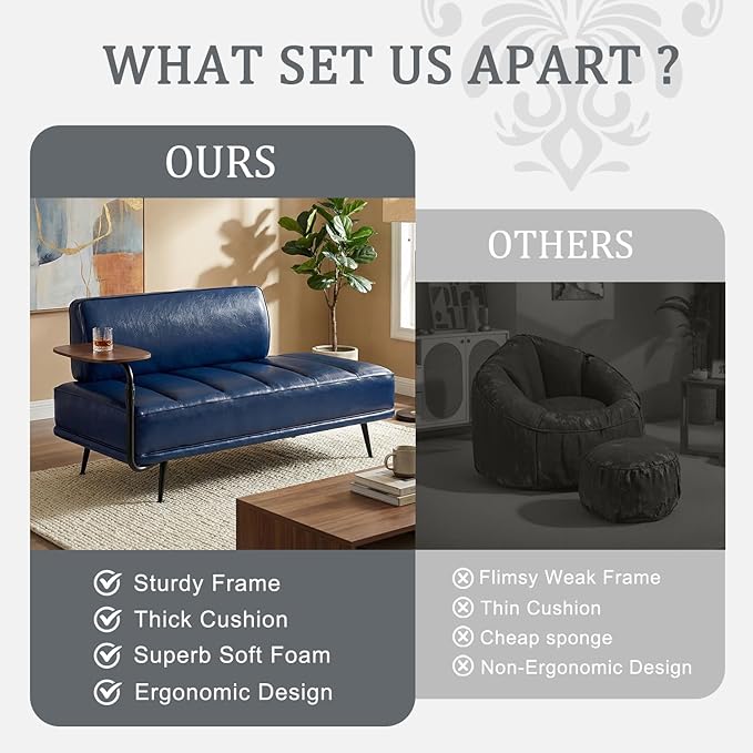 55 Faux Leather Upholstered Sofa Entryway Ottoman Modern End of Bed Bench with Side Table 360-degree Swivel Tray Couch Window Bench with Metal Legs for Bedroom Living Room (Blue)