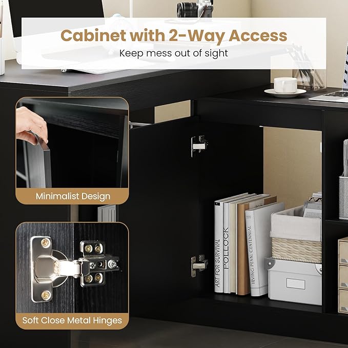 Tangkula L-Shaped Computer Desk 48 Reversible Corner Writing Desk with 2-Way Cabinet &amp 4 Storage Compartments Modern Executive Desk Laptop Workstation for Home Office (Black)