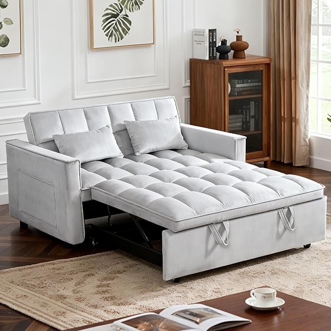Convertible Sofa Bed Pull Out Sofa Bed with Adjustable Backrest 3 in 1 Velvet Fabric Loveseat Sleeper Sofa Bed Couch with Side Pockets for Living Room Bedroom Apartment Light Gray