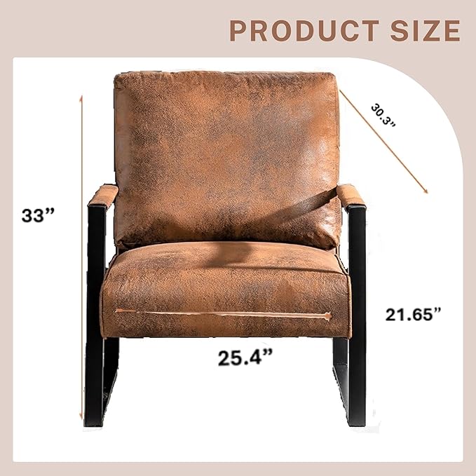 Modern Accent Chair for Living Room Bedroom Mid Century Arm Chair Microfiber Office Accent Chair Reading Chair with Metal Frame for Balcony Lounge Brown