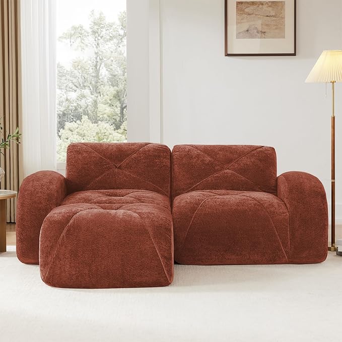 Red Loveseat Sectional Couches for Living Room Velvet Fabric Boneless Couch No Assembly Cloud Modular Sectional Sofa Love Seat with 1 Ottoman Foam Couch Compressed Sofa Set Sofas para Sala