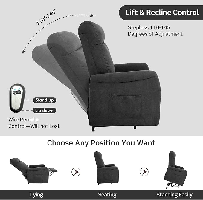 Giantex Power Lift Recliner Chair for Elderly Ergonomic Lounge Chair w/Remote Control Adjustable Backrest Side Pocket Electric Stand-Up Fabric Arm Chair for Bedroom Living Room Nursery (Grey)