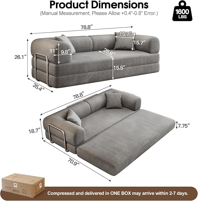 78.8'' Convertible Sofa Bed Boneless Couch in a Box Modular Corduroy Comfy Foldable Sleeper Compression Sofa Loveseat Couches for Living Room (Grey 78.8 inch)