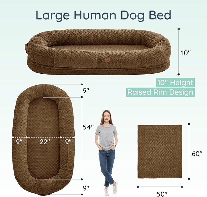 Human Dog Bed for Adult - Luxury Faux Fur Giant Size Dog Bed with Portable Handle Egg Orthopedic Foam with Blanket 72x40x10 Brown