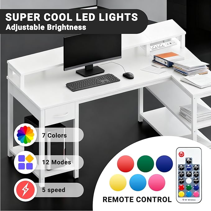 Simple Deluxe 47-inch L-Shaped Gaming Desk with LED Lights &amp Power Outlets Reversible Corner Computer Desk with Monitor Riser Drawer &amp Shelves for Home Office Black/White