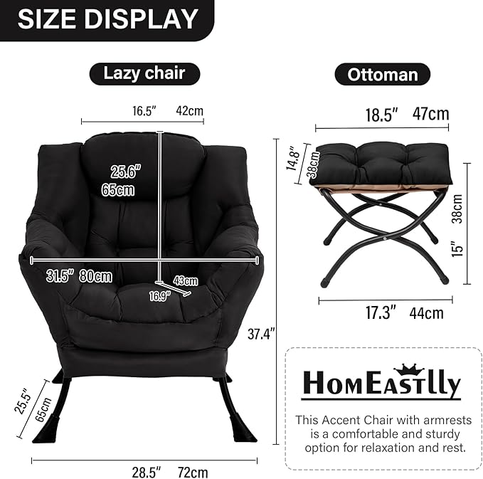 Lazy Chair with Ottoman Large Black Accent Chair with Ottoman Comfy Reading Armchair Leisure Sofa Chair for Living Room Bedroom Dorm Room Office