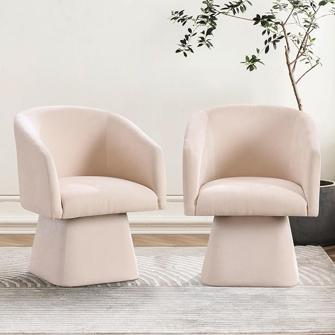 Swivel Modern Accent ChairLuxury Fabric Upholstered Makeup Chair Comfy Barrel Chair with No Wheels360°Rotating Vanity Armchair for Living Room Bedroom Office (WhiteSet of 2)