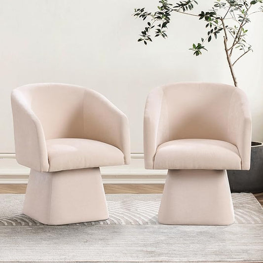 Swivel Modern Accent ChairLuxury Fabric Upholstered Makeup Chair Comfy Barrel Chair with No Wheels360°Rotating Vanity Armchair for Living Room Bedroom Office (WhiteSet of 2)