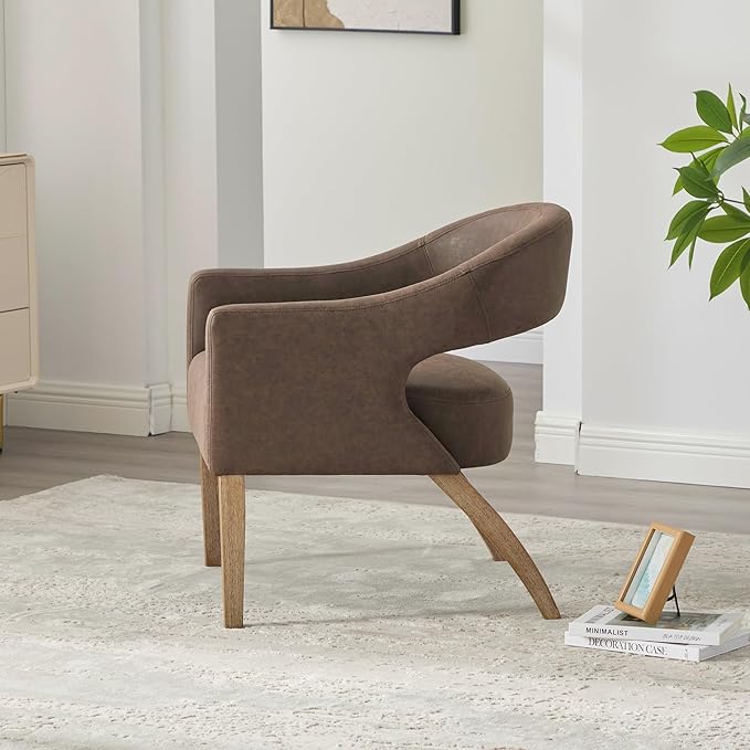 Modern Accent Chair Upholstered PU Leather Barrel Armchairs with Rubberwood Legs Comfy Lounge Arm Chair Hollow-Out Side Club Chair for Living Room Bedroom Office (Coffee-Wide)