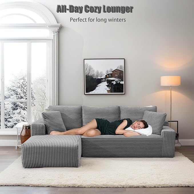 MEISIMAN 106'' Boneless Couch Cloud Couch - L Shaped Couch with Chaise Plush Corduroy Couch &amp Memory Foam Couch Modular Sectional Sofa Grey Couch for Living Room (Left Facing Chaise)