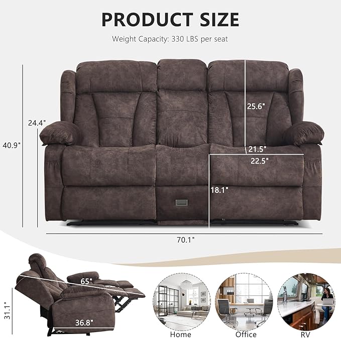 Loveseat Recliner Sofa Velvet Loveseat Reclining with Console for Living Room RV Recliner Couch with Cup Holder/AC/USB C/USB and Drawer Manual Reclining Love seat Couch (Brown)