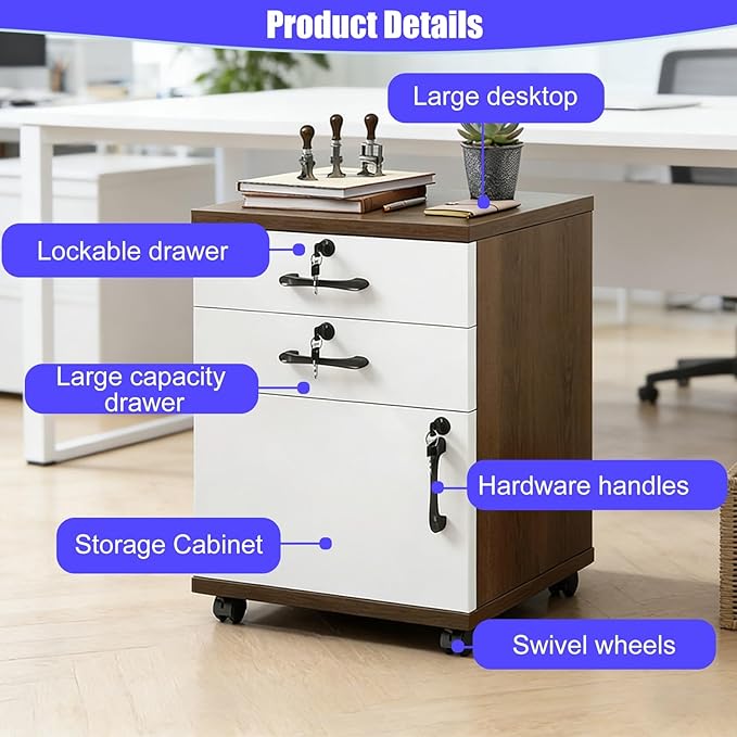File Cabinet with Lock and Drawer 2-Drawer Vertical Filing Cabinet with Doors Mobile Under Desk Storage Cabinet with 360° Swivel Wheels for Legal/Letter/A4 Documents(Walnut Color+White)