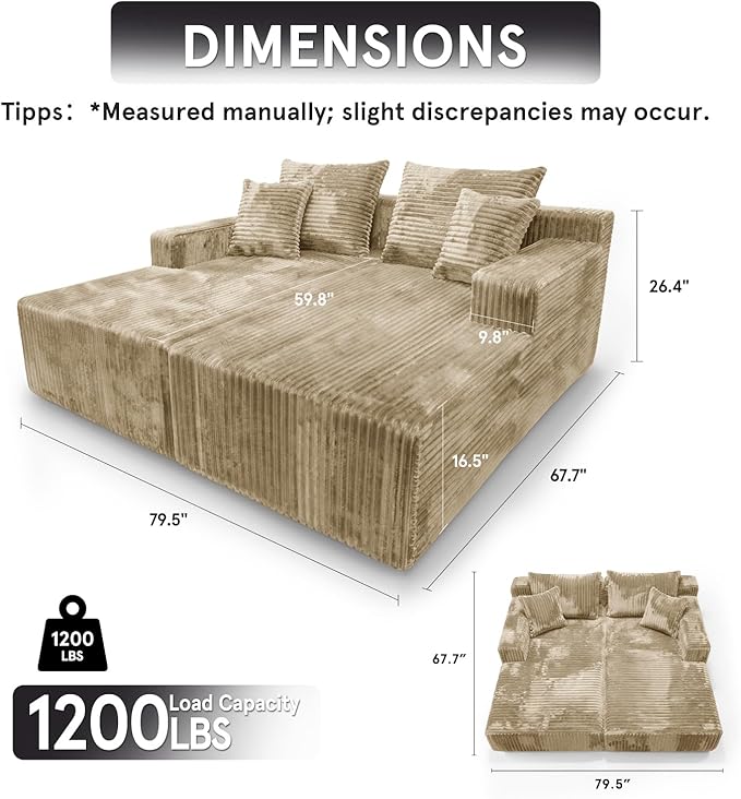 Sytopia Loveseat Chaise Lounge with Armrests Oversized Sofa Bed with 4 Pillows Cozy Boneless Sleeper Modular Sectional Couch for Living Room Bedroom Floor Chair Furniture sala Corduroy