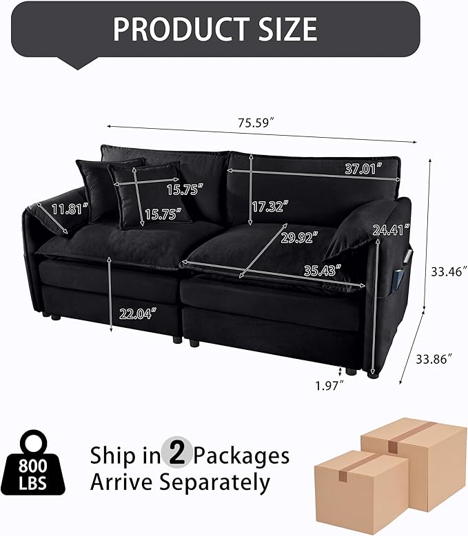 Oversized Chenille Loveseat Sofa 76” Comfy 2 Seater Couch with Deep Seat Modular Love Seat Couch for Living Room Bedroom Apartment Easy Assembly Small Cloud Couch Black