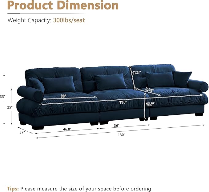 Setawix Velvet Cloud Sofas Couches for Living RoomModular Sectional 3 Seater Sofa Couch with Deep SeatOversized 3 Seat Sofa with Pillows for BedroomOffice(Blue)