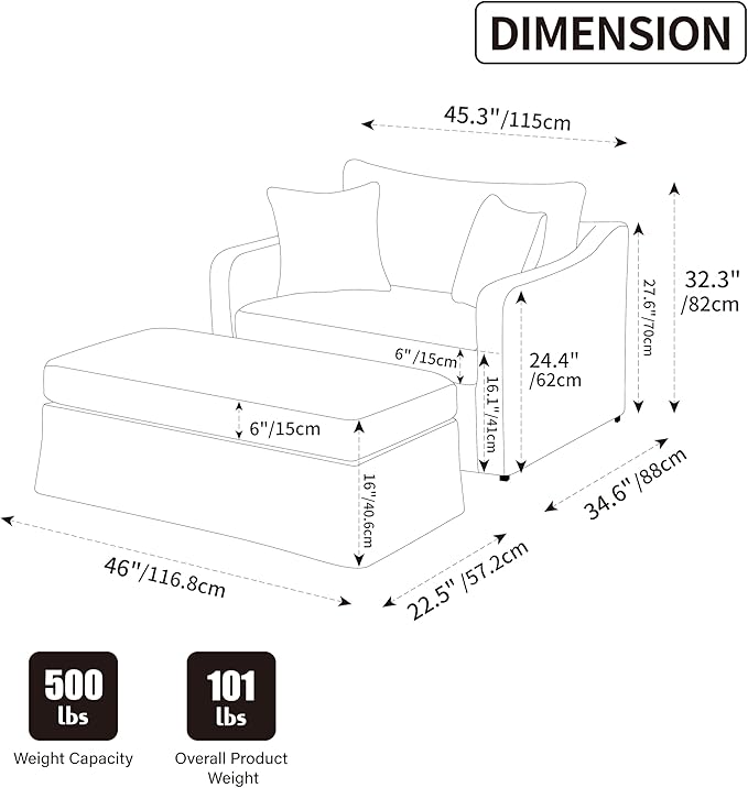 Aoiy &amp Wifon 43.9'' W Oversized Accent Chair with Ottoman Upholstered Mid-Century Reading Chair Comfy Oversized Lounge Chair for Living Room &amp Bedroom Chenille Wheat