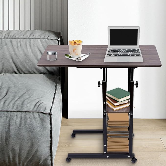 Portable Movable Computer Desk Height Adjustable Indoor C-Shaped Side Table Multifunctional Nightstand with 4 Universal Wheels and Storage Shelves for Living Room Bedroom Office Writing Desk