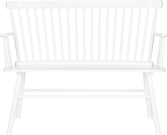 SAFAVIEH Home Collection – Addison White Solid Wood Spindle Back Loveseat Bench Farmhouse Settee for Entryway Living Room or Dining Area (AMH8513B)