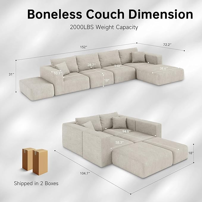 CUGOAO 152'' Modern Boneless Couch Oversized 2-in-1 Modular Sectional Sofa Bed Extra Deep Seat Upholstery Cloud Couch Boneless Couches for Living Room No Assembly Required Beige Chenille