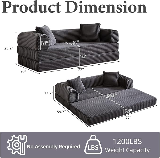 Folding Convertible Sleeper Sofa Bed Corduroy Upholstered Boneless Couch with Pillows Modular Floor Sofa Compression Couch for Living Room No Assembly Required (Dark Gray)